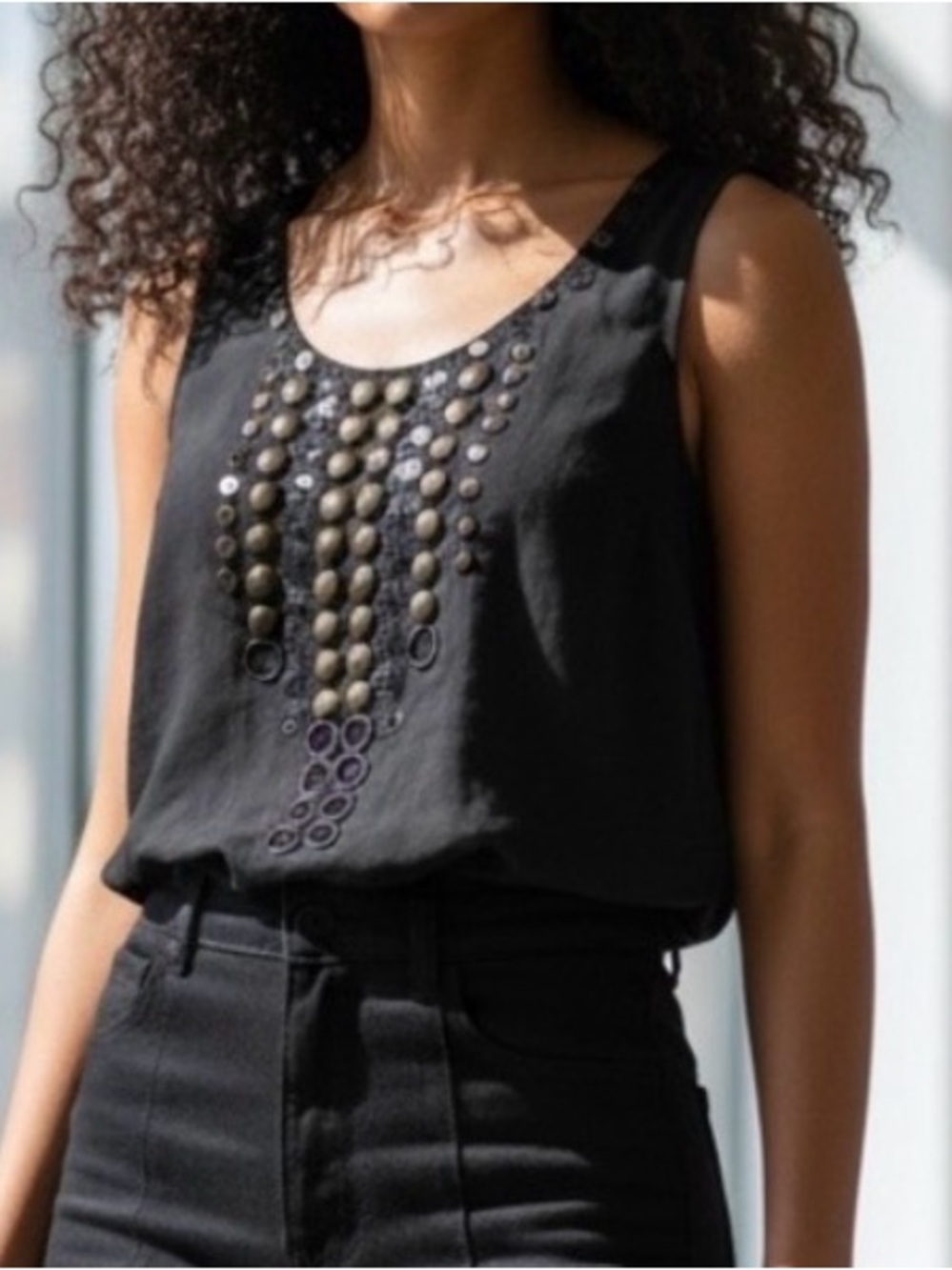 J.Crew Embellished Black Tank Top | Brass Detail Shell | Size 6